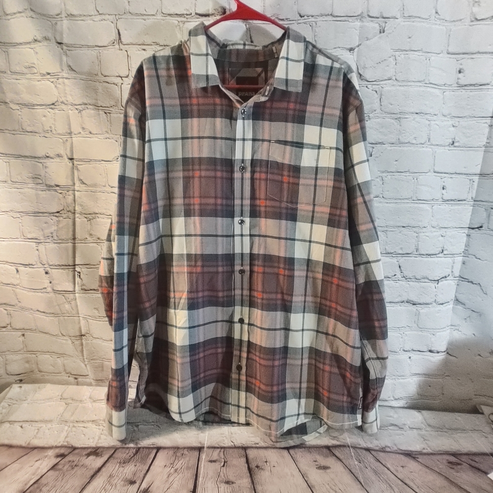 Prana Men's Plaid Preppy Shirt XLBarn Stripes Button Flannel Organic Cotton